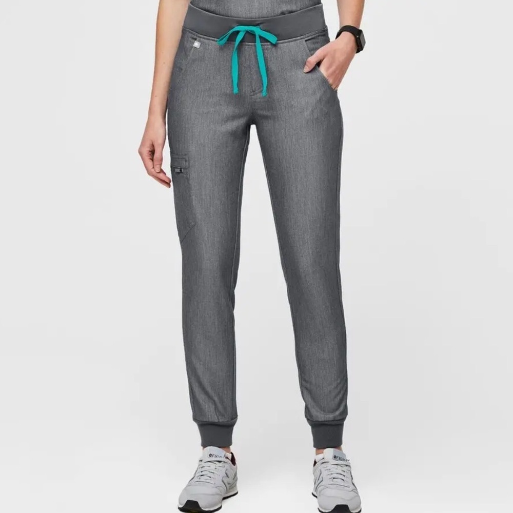 Figs Gray Jogger Scrub Pants with Teal Drawstring